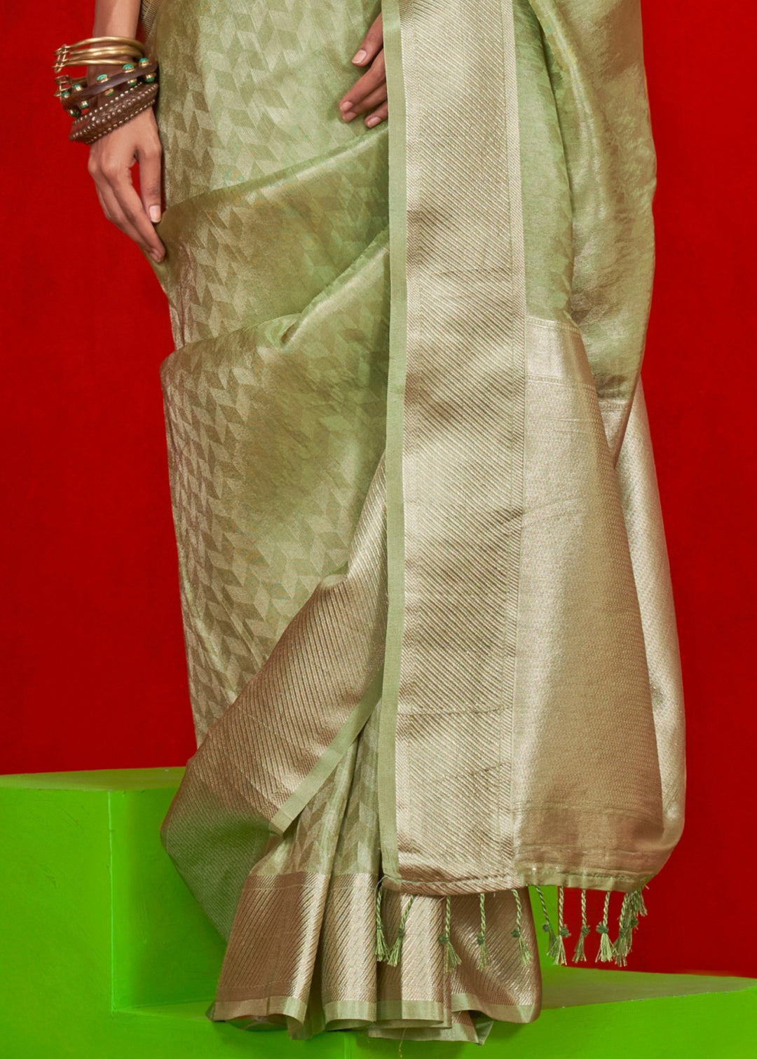 Pear Green Viscose Zari Tissue Silk Saree