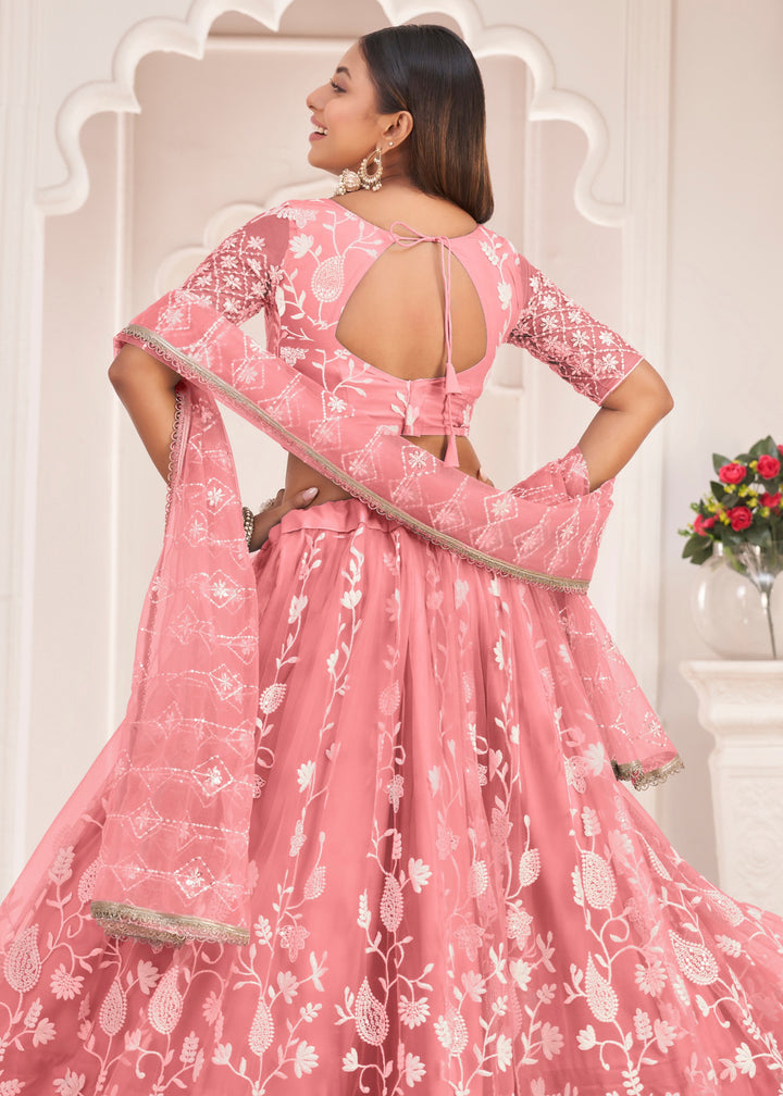 Salmon Pink Designer Soft Net Lehenga With Cotton Thread And Sequins Embroidery Work