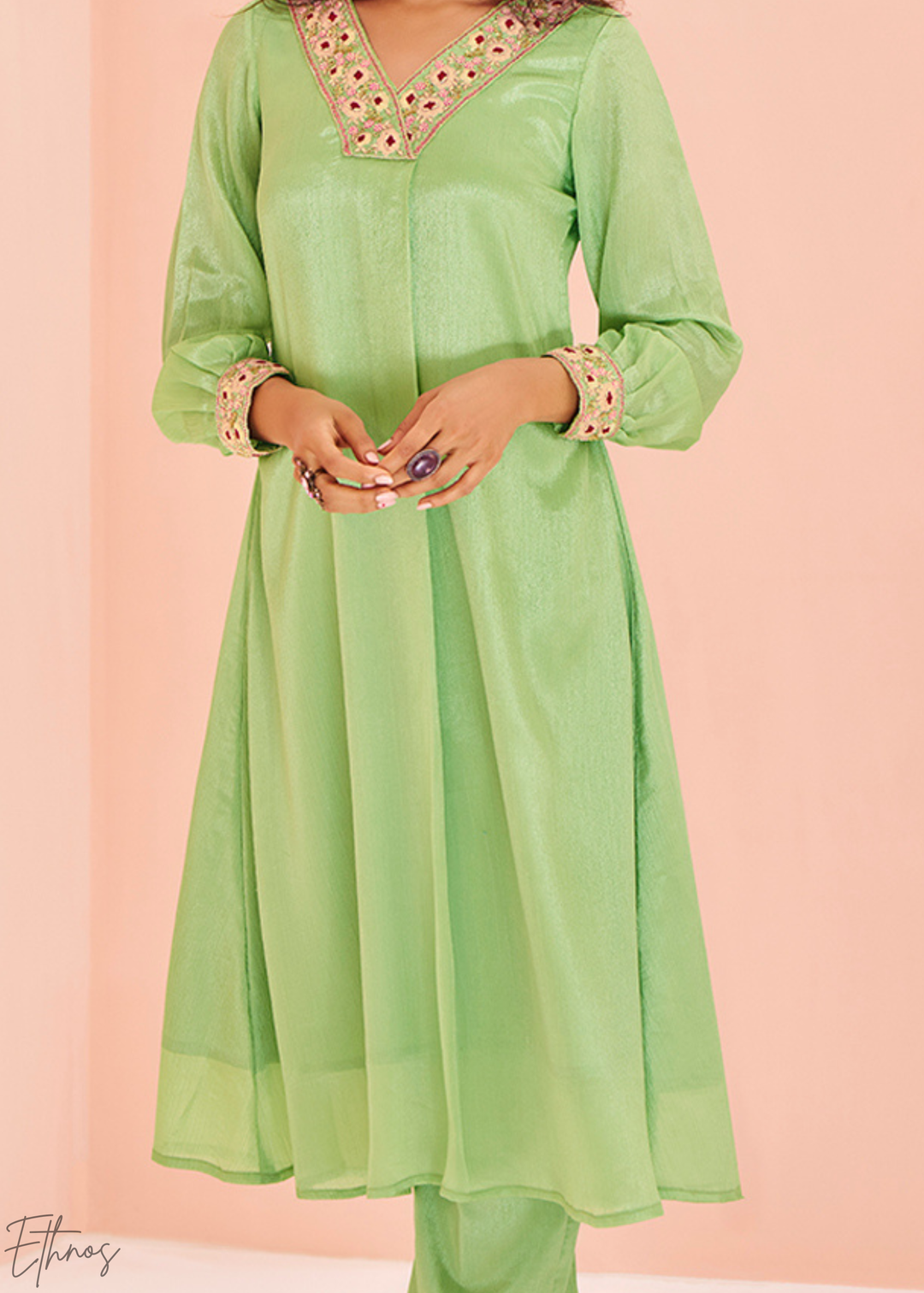 Light Green Chinon Embroidered Kurta Palazzo Set