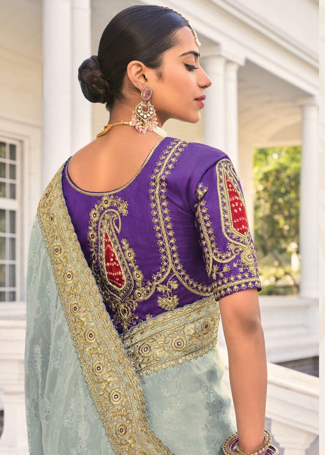 Grey - Blue Natural Crape Jaquard Saree with Jari Work