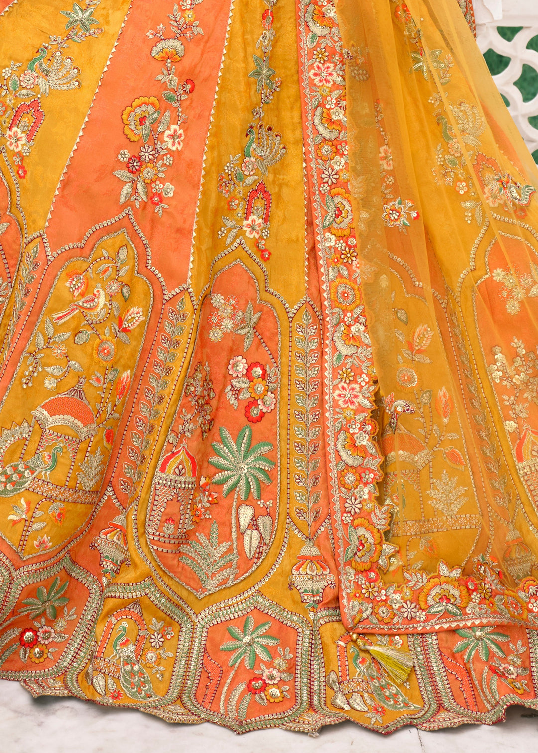 Pumpkin Orange & Yellow Fancy Silk Lehenga Choli With Cut Work Embroidery Border & Stone Work