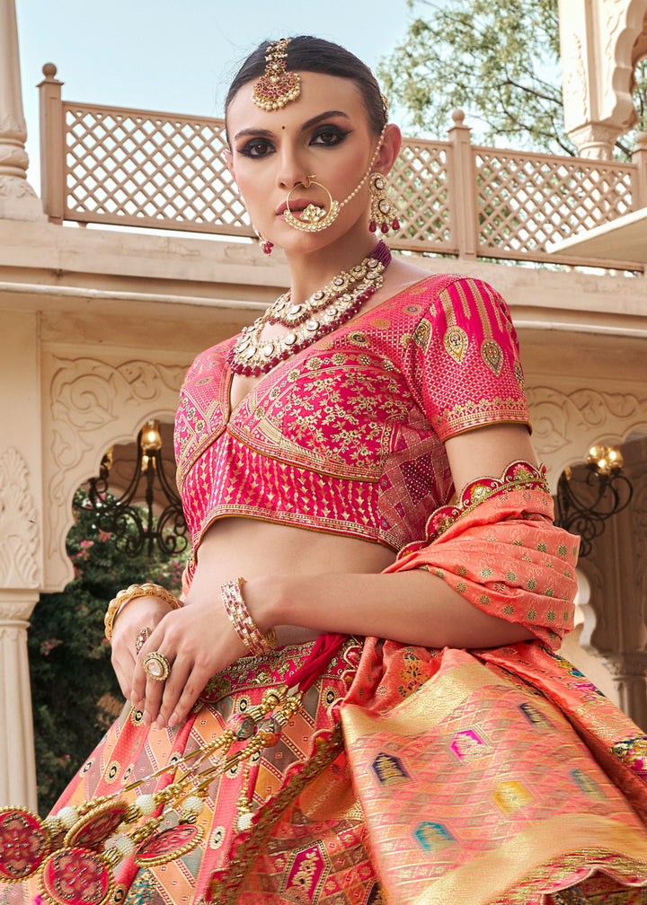 Coral Pink Banarasi Silk Lehenga with Zarkan & Cutwork