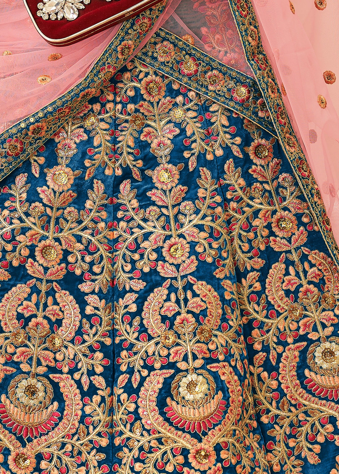 Dark Blue Velvet Lehenga Choli With Thread & Zari Embroidery Work