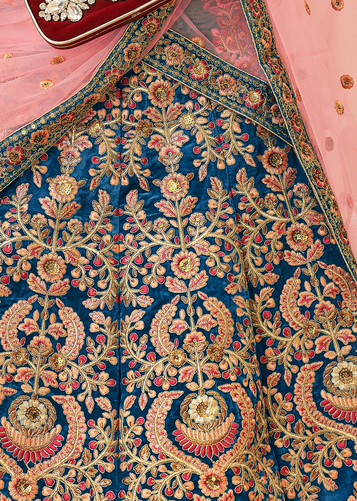Dark Blue Velvet Lehenga Choli With Thread & Zari Embroidery Work