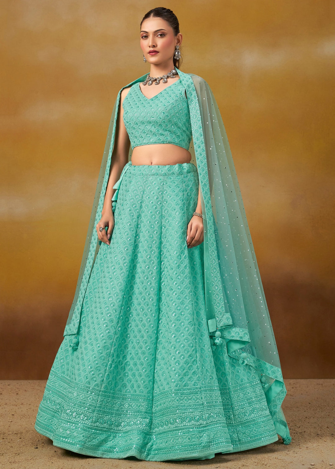 Sky Georgette Lehenga With Sequins and Thread Embroidered Work