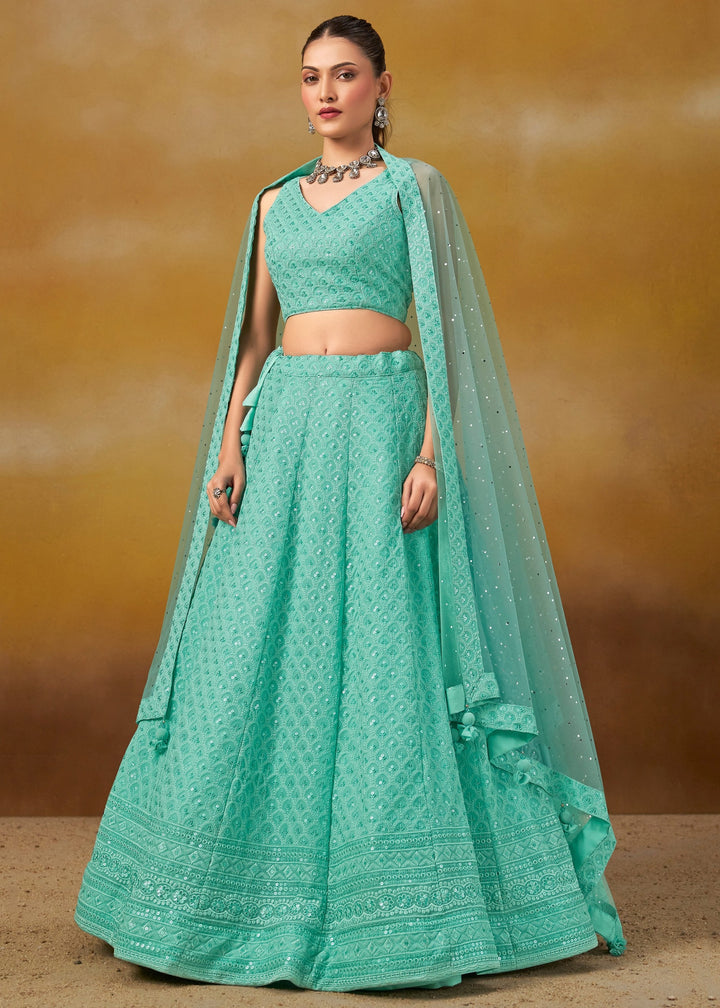 Sky Georgette Lehenga With Sequins and Thread Embroidered Work