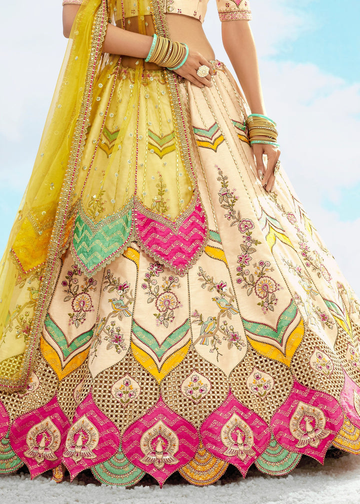 Off-White And Yellow Silk Lehenga With Cut Work Border