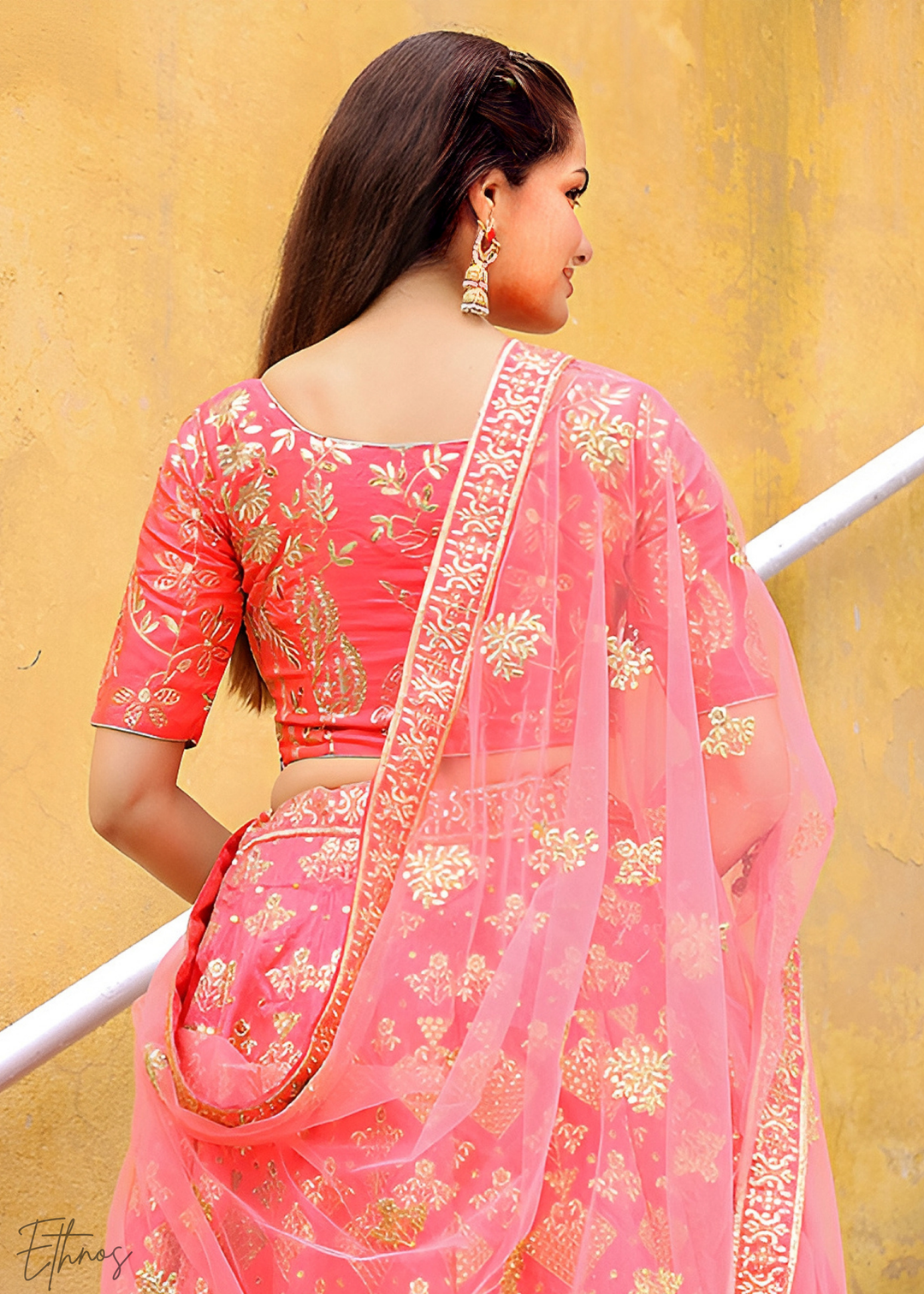 Peach Pink Slub Silk Lehenga With Dupatta