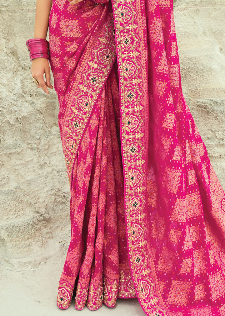 Hot Pink Georgette Bandhej Saree With Moti & Cut-Dana Handwork Border