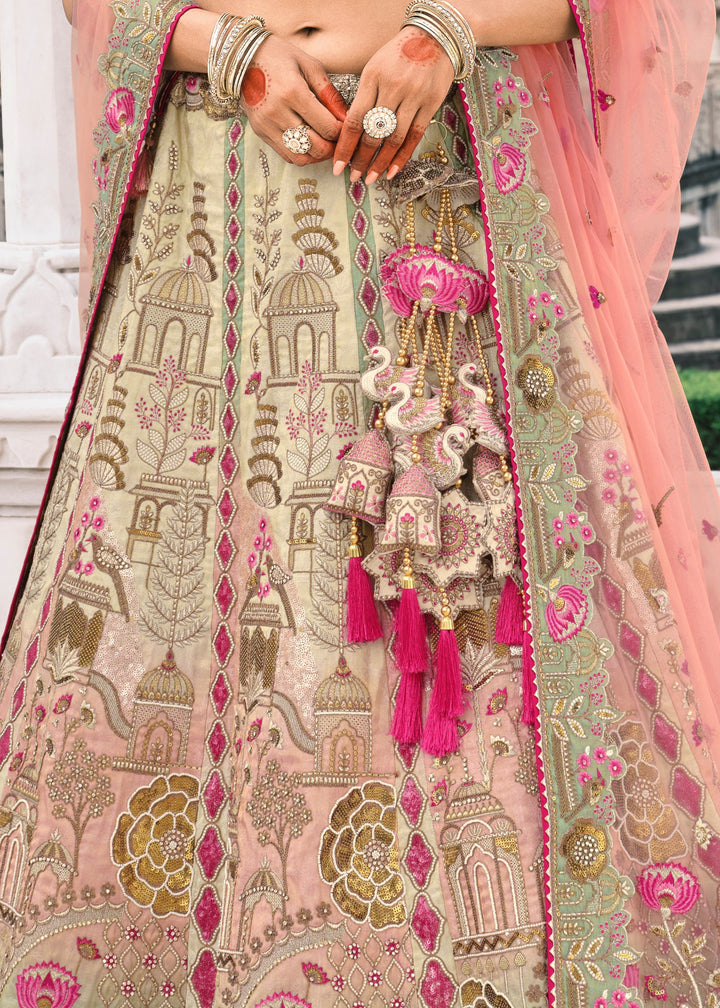 Peach & Off-White Fancy Silk Lehenga Choli With Cut Work Embroidery Border & Stone Work