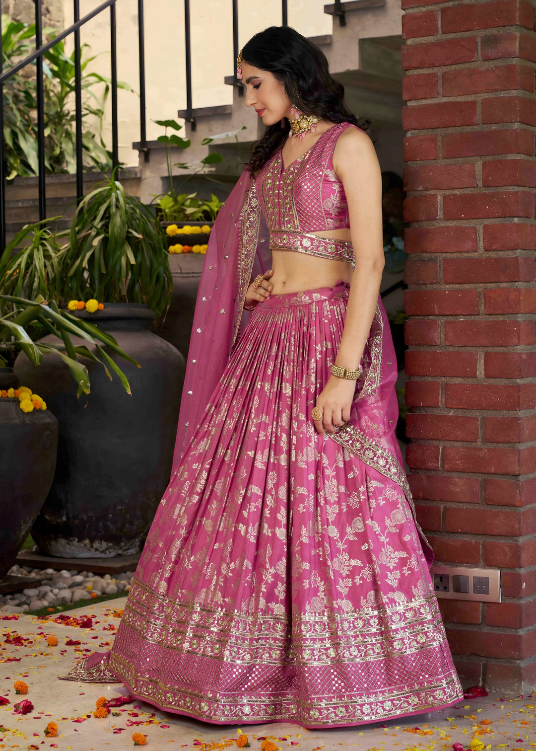 Pink Sequins and Zari Embroidery Work Silk Lehenga