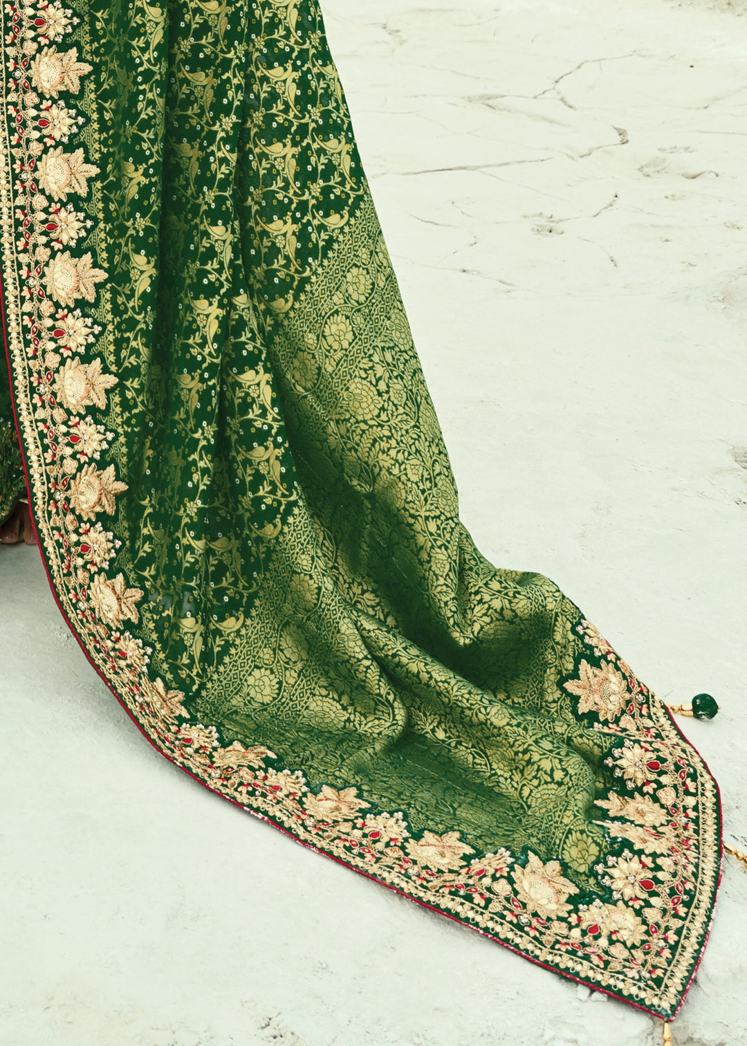 Forest Green Georgette Bandhej Saree With Moti & Cut-Dana Handwork Border