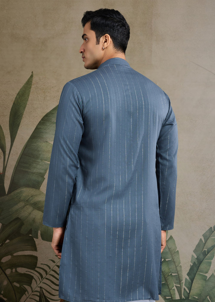 Steel Blue Viscose Rayon Mens Kurta With Self Design Zari And Mirror Work
