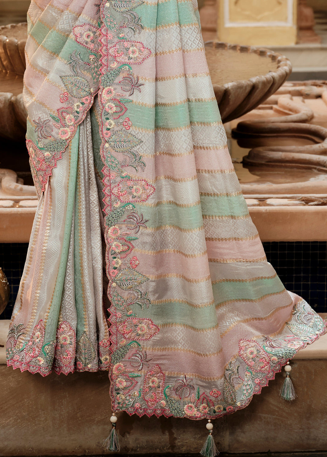 Pastel Mint Green & Pink Stripes with Floral embroidery Silk Saree