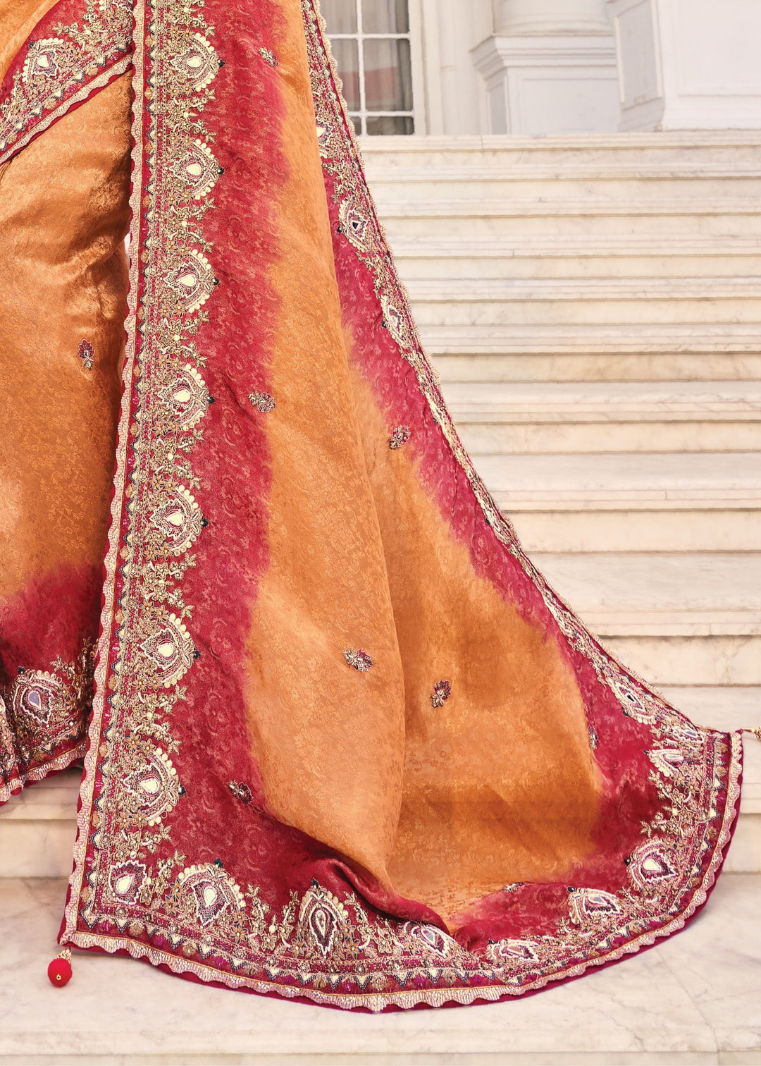 Peach Natural Crape Jaquard Saree With Jari Work