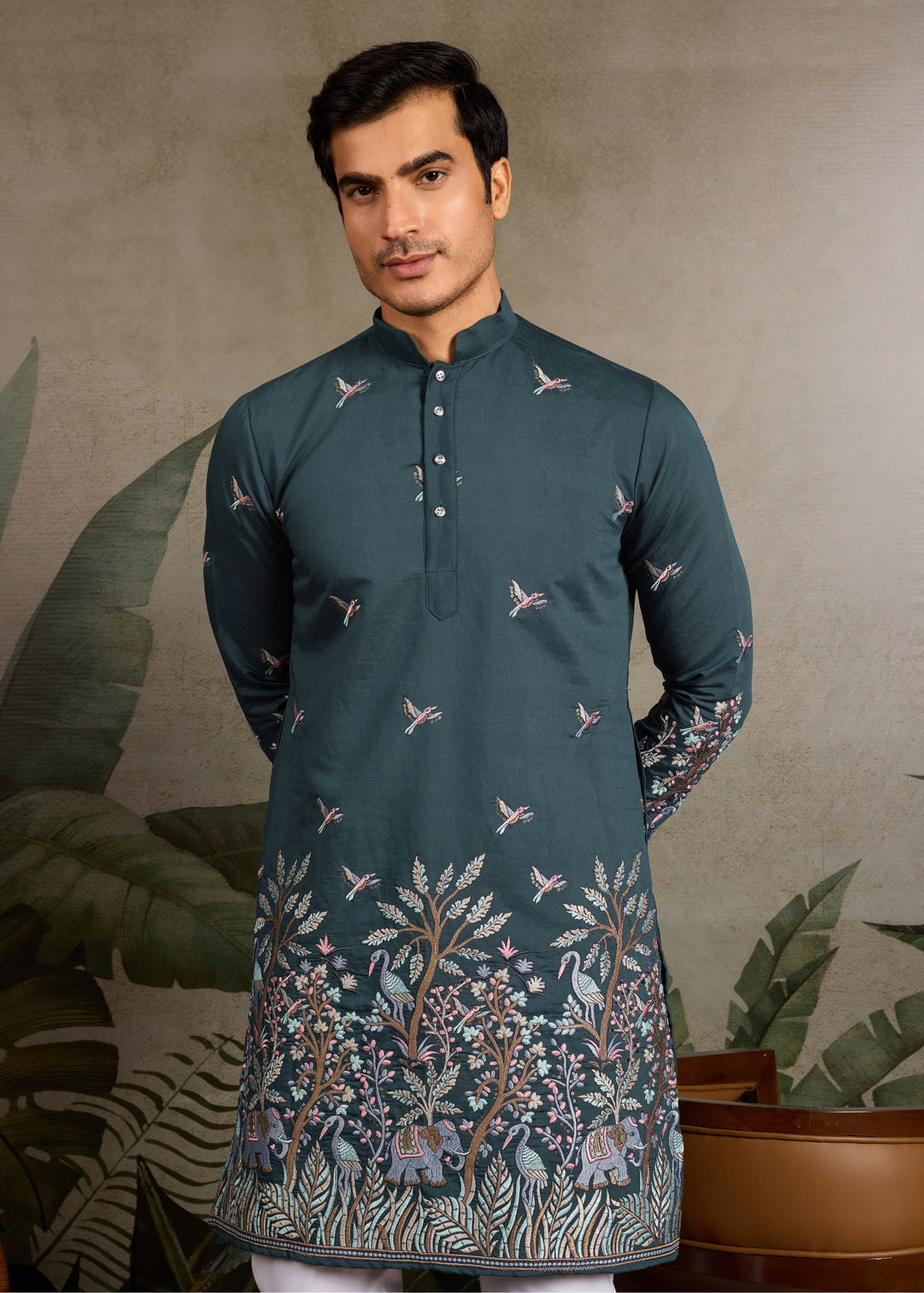 Deep Teal Green Mens Silk Kurta with Pant