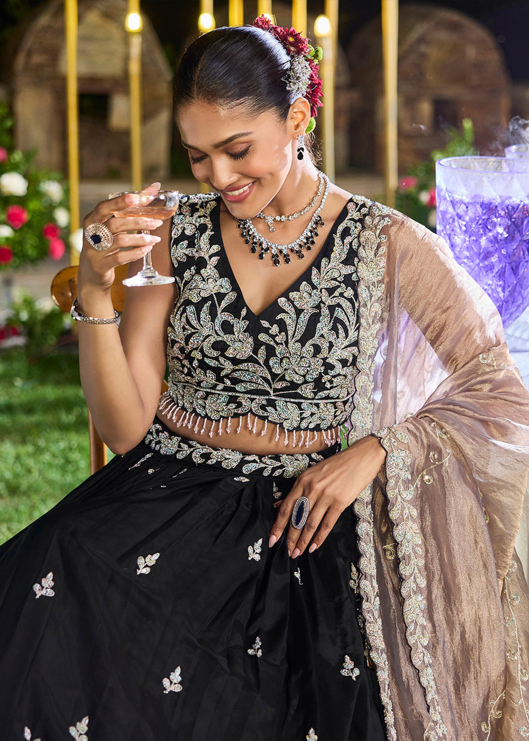 Black Satin Silk Lehenga Choli with Beads & Sequince Embroidered