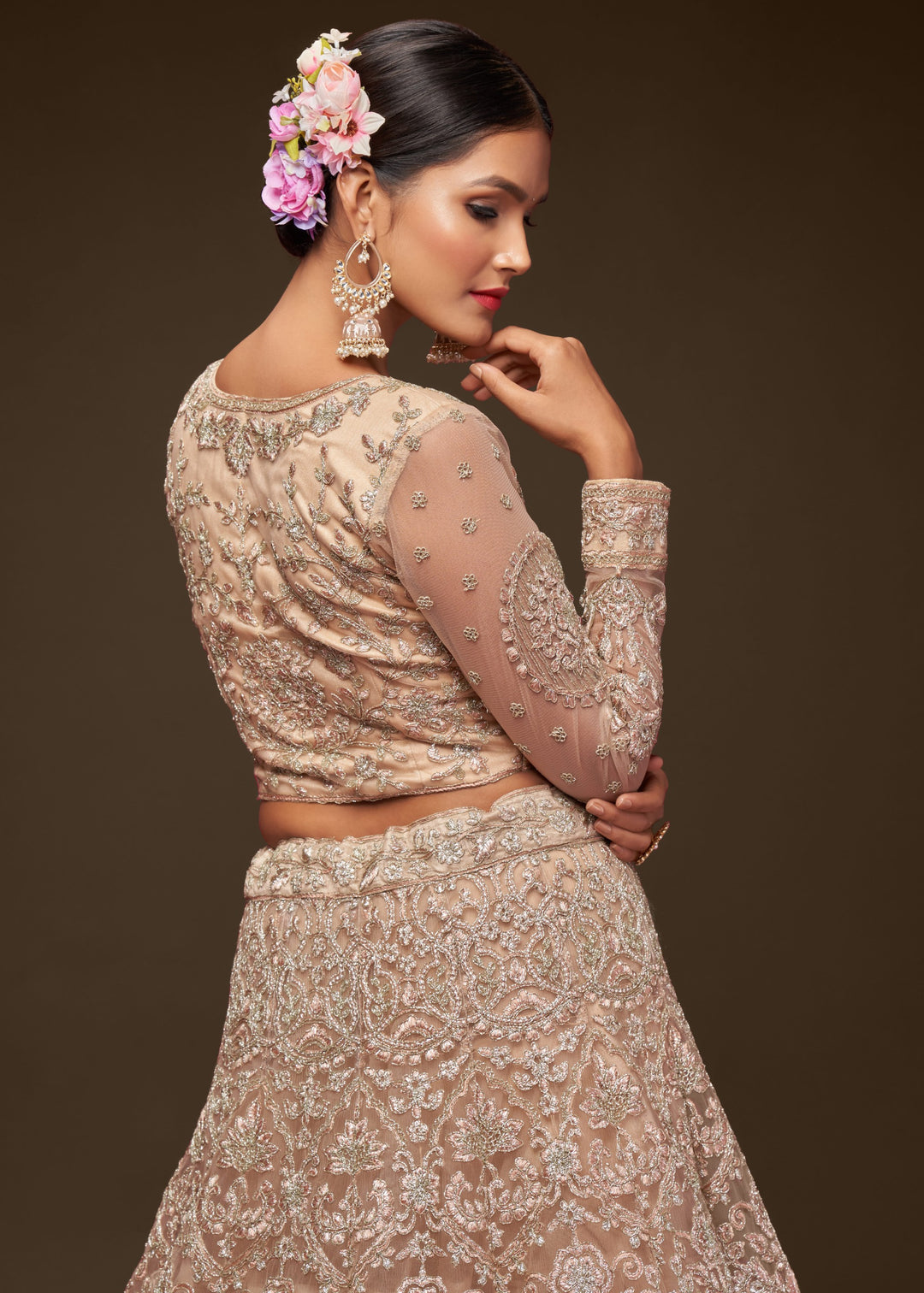 Royal Beige Soft Net Lehenga with Thread, Zari, Badla and Glitter Dori Embroidery Work