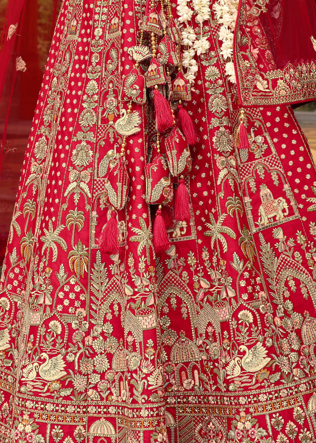 Currant Red Heavy Bridal Silk Lehenga With Khatli And Embroidery Work