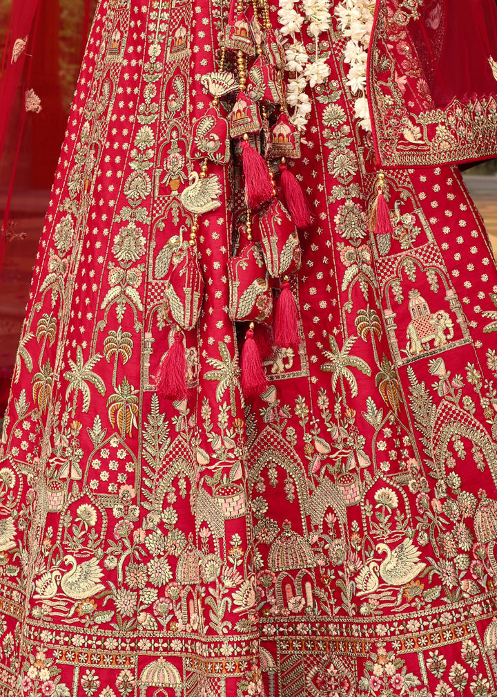 Currant Red Heavy Bridal Silk Lehenga With Khatli And Embroidery Work