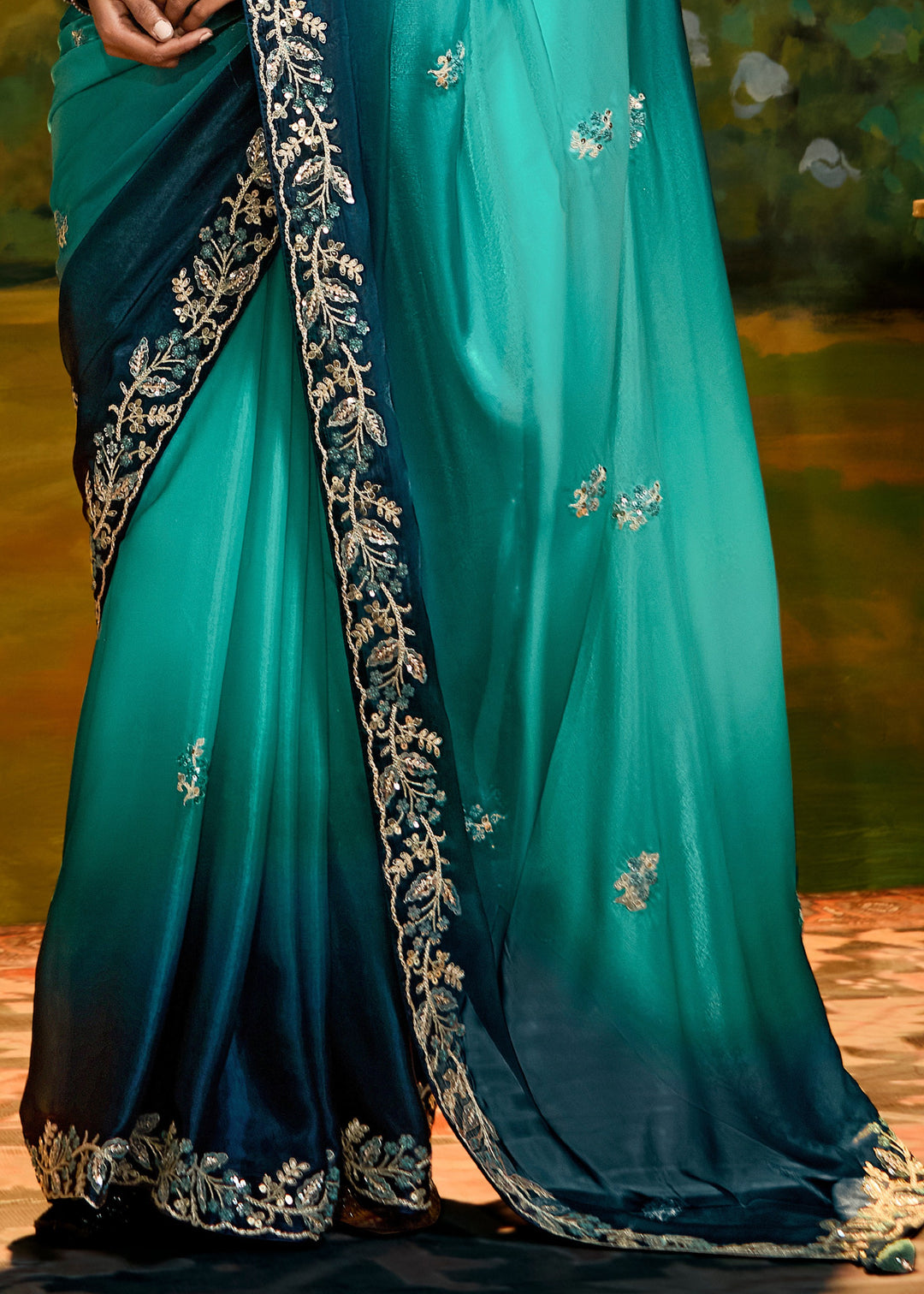 Peacock Blue Saree With Embroidery And Handwork Designer Cut Border