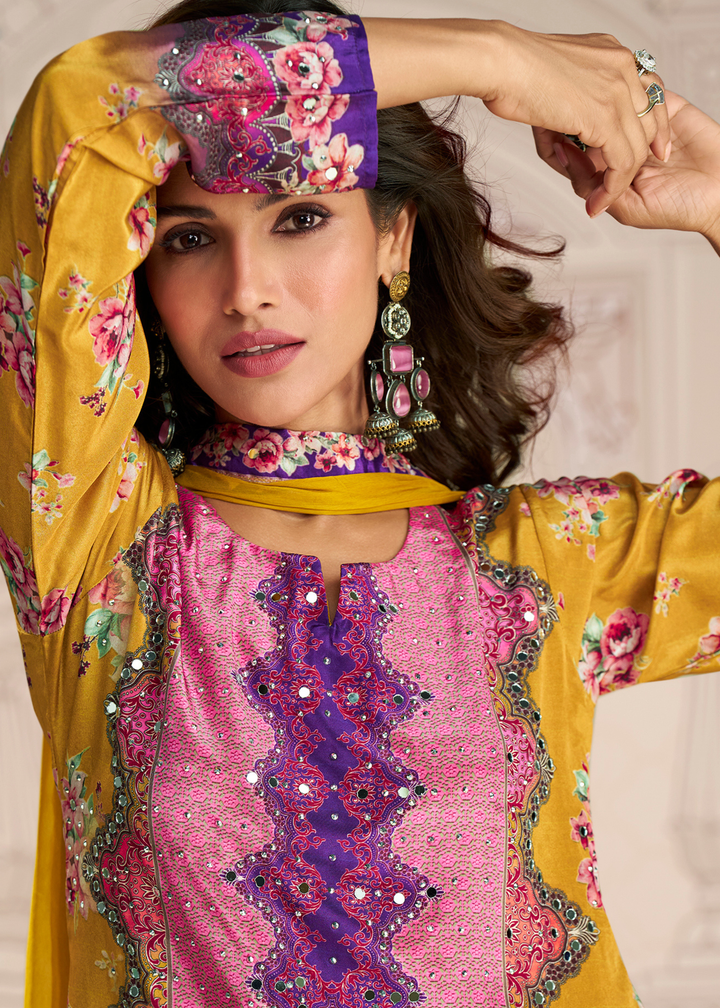 Mustard Yellow Crep Silk Sharara Suit