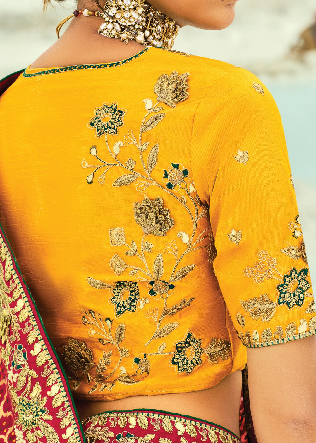 Yellow & Orange Georgette Bandhej Saree With Moti & Cut-Dana Handwork Border