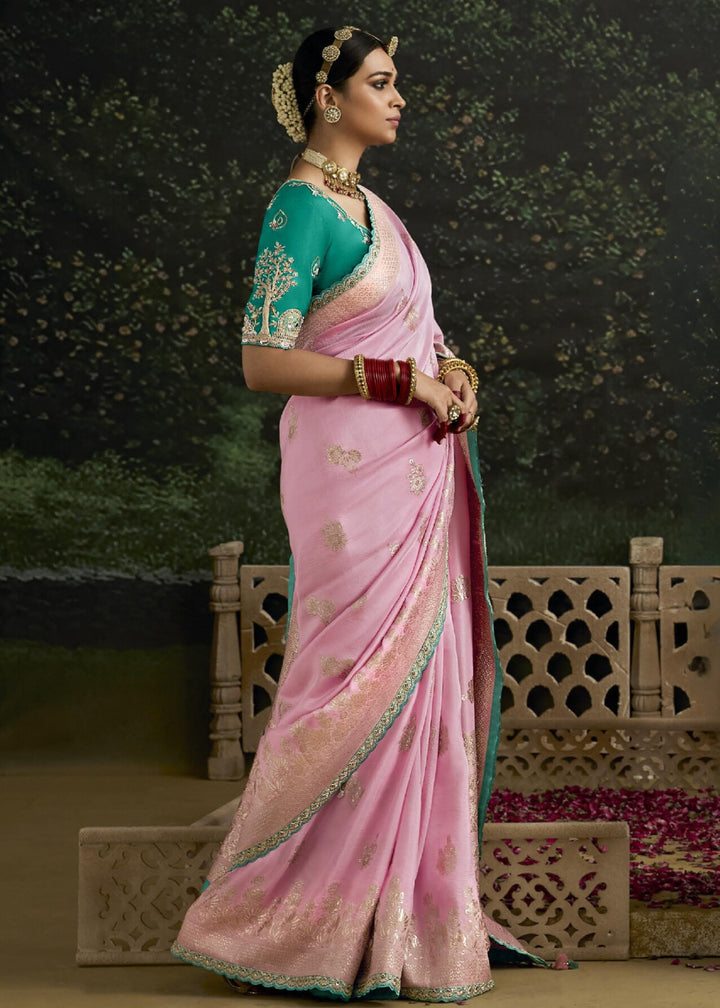 Soft Pink and Green Saree with Viscose Silk and Zari Work