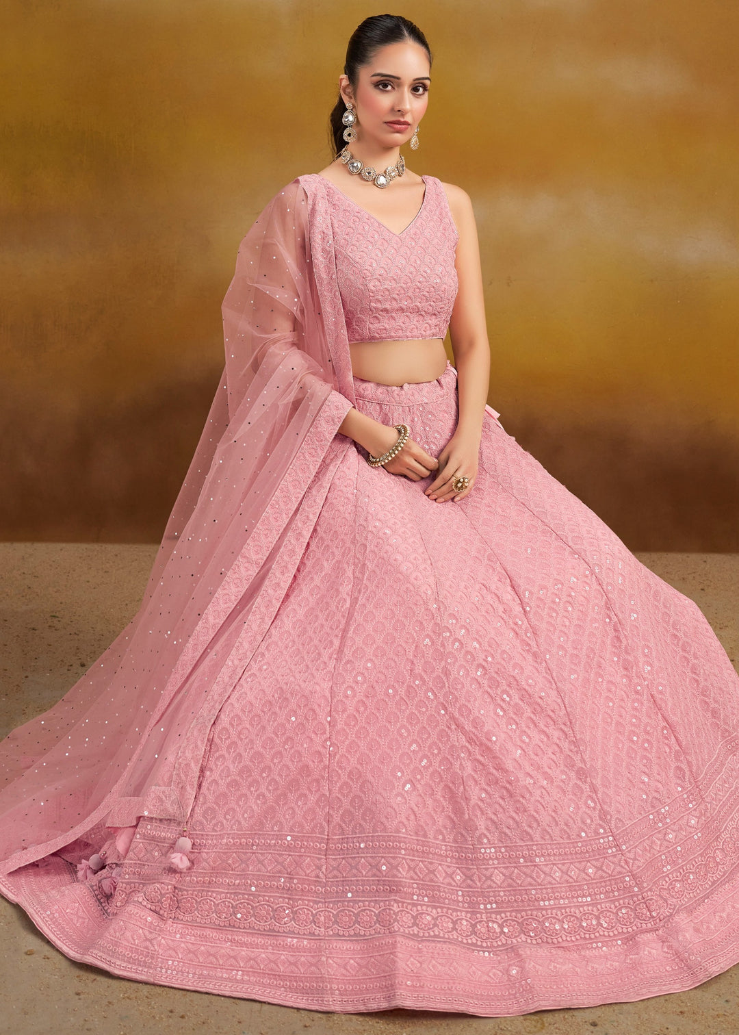 Light Pink Georgette Lehenga With Sequins and Thread Embroidered Work