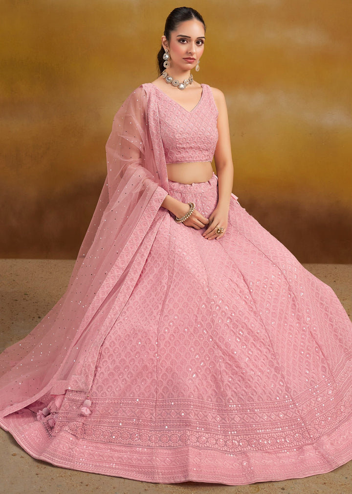 Light Pink Georgette Lehenga With Sequins and Thread Embroidered Work