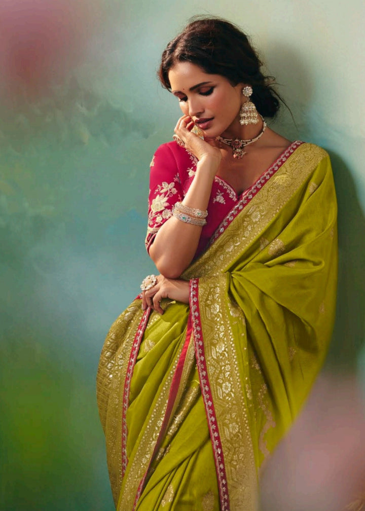 Olive Green Pure Viscose Dola Silk Saree with Zari Weaving & Embroidered Blouse
