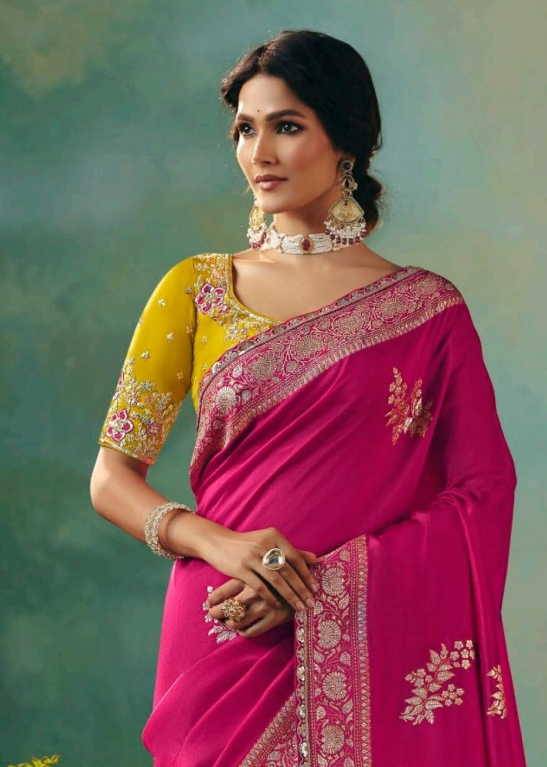Fuchsia Pink Pure Viscose Dola Silk Saree with Zari Weaving & Embroidered Blouse