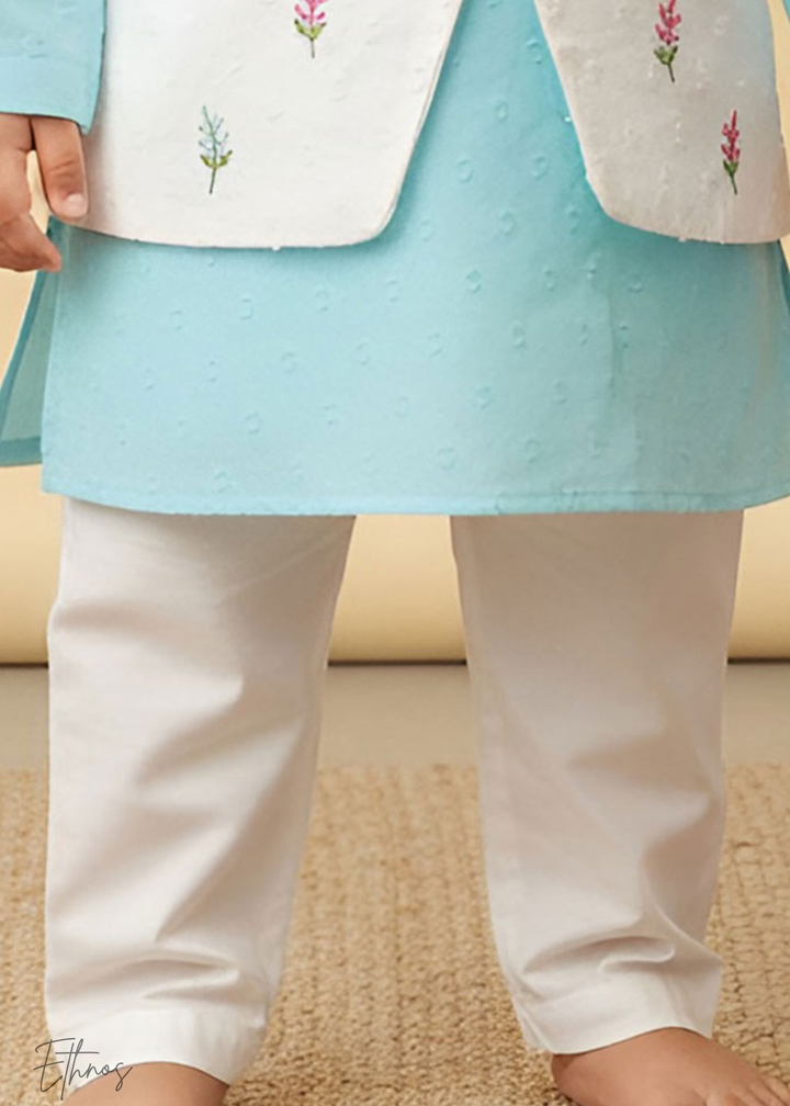 Organic Cotton Blue & White kurta Set with Jacket - Floral