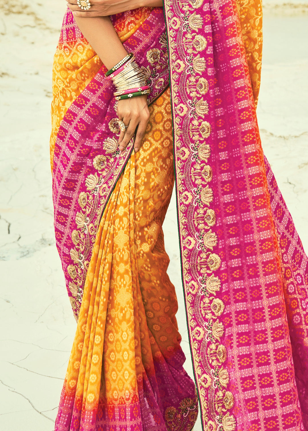 Yellow & Pink Georgette Bandhej Saree With Moti & Cut-Dana Handwork Border
