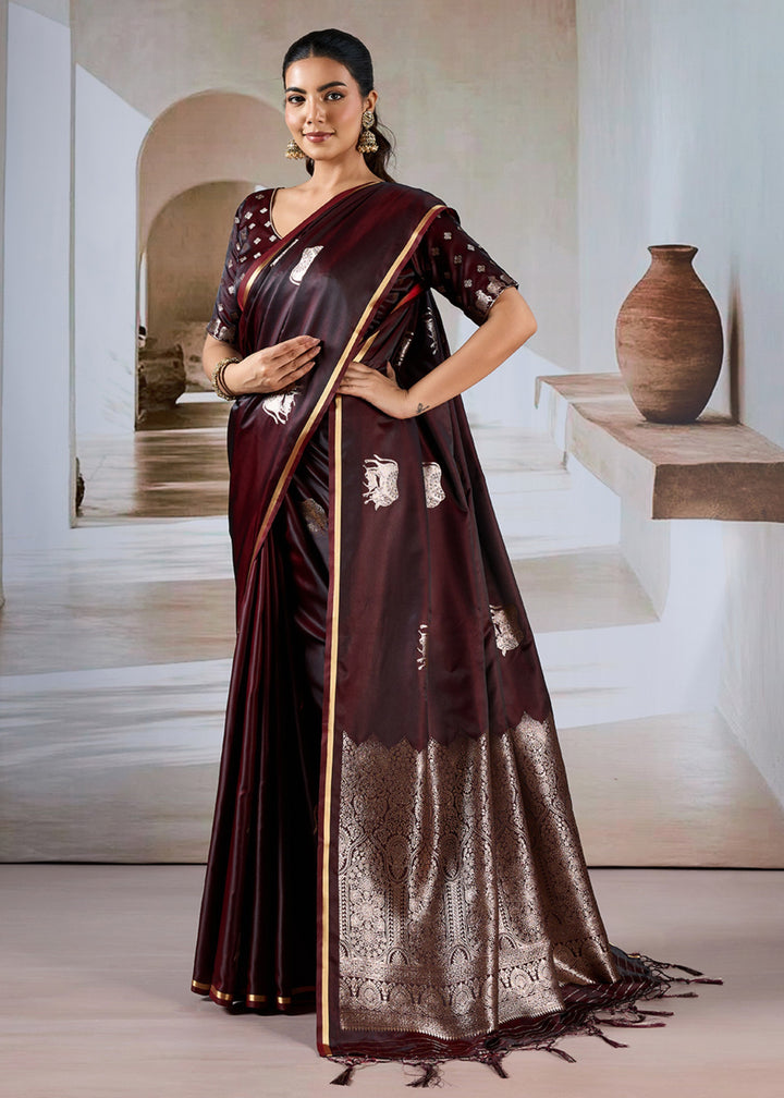 Wine Red Pure Satin Handloom Weaving Saree
