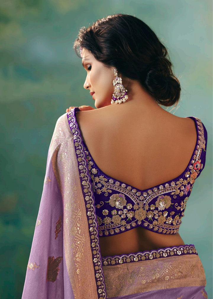 Lavender Pure Viscose Dola Silk Saree with Zari Weaving & Embroidered Blouse : Top Pick