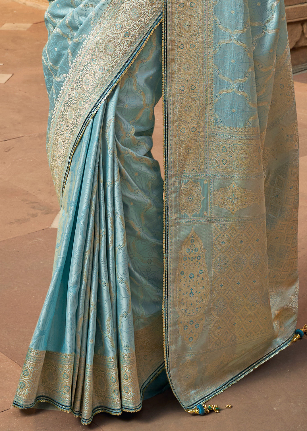 Sky Blue Satin Silk Saree With Beautiful Lace Border And Heavy Designer Embroidered Blouse