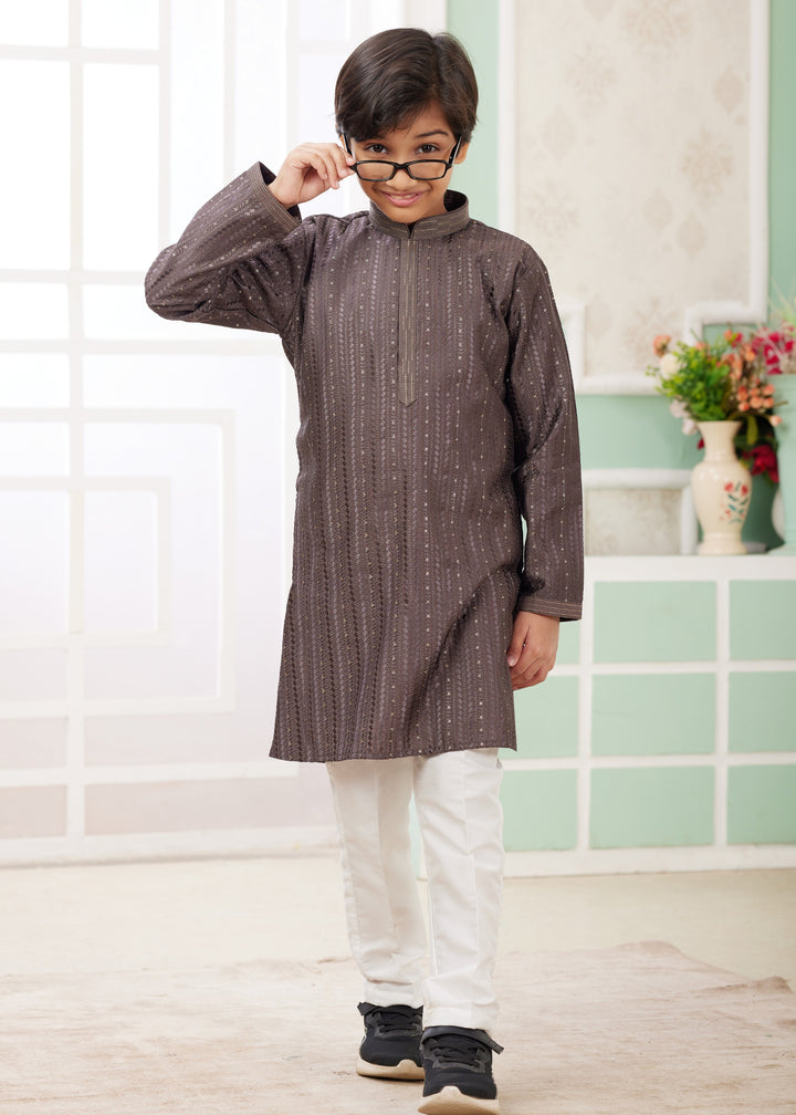 Mocha Brown Silk Mens Kurta Set With Thread Embroidery Work