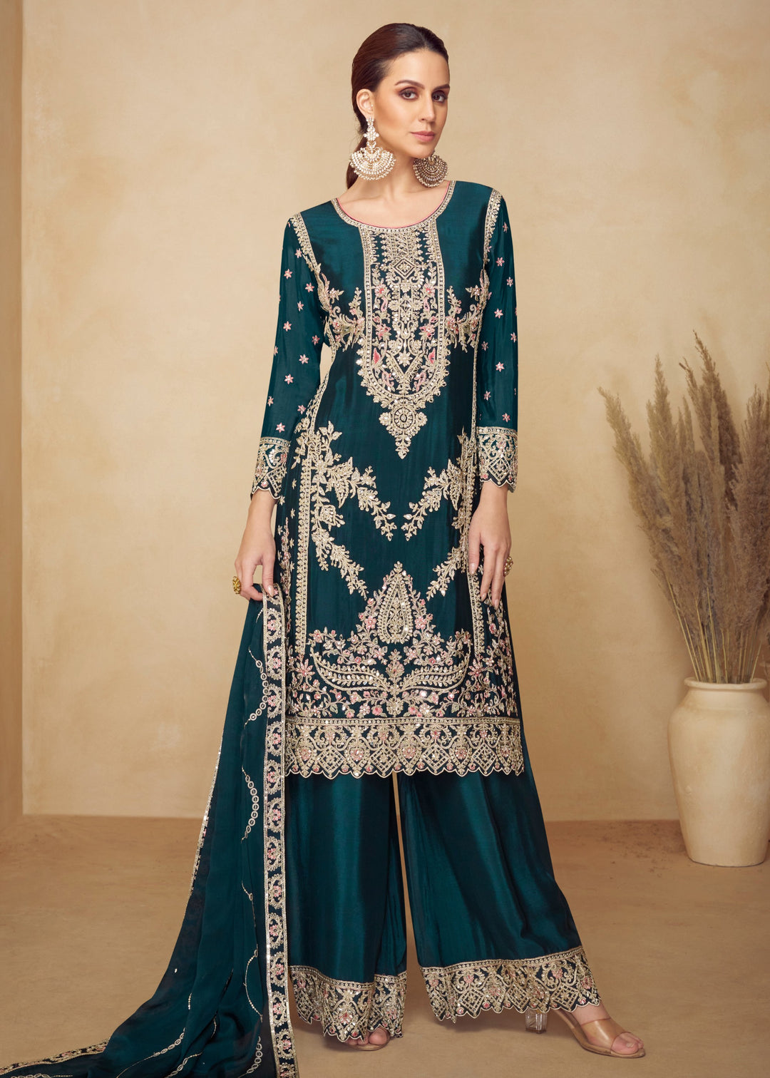 Prussian Green Chinon Palazzo Silk Suit With Beautiful Embroidery Work