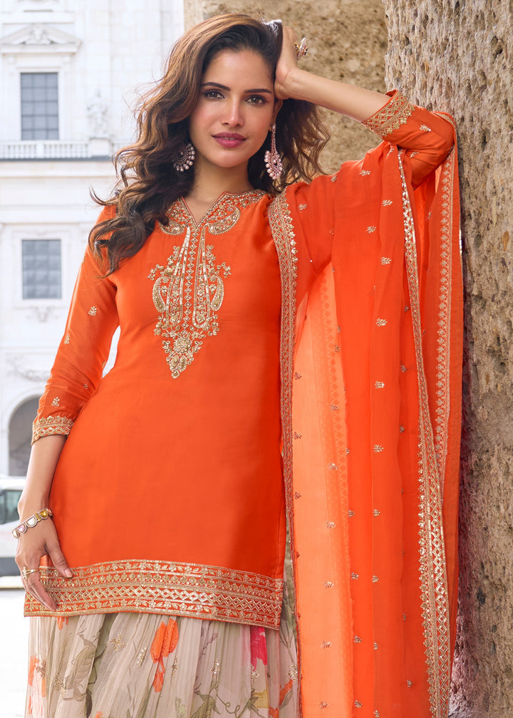 Hot Orange Chinon SIlk Palazzo Suit With Embroidered Work : Top Pick