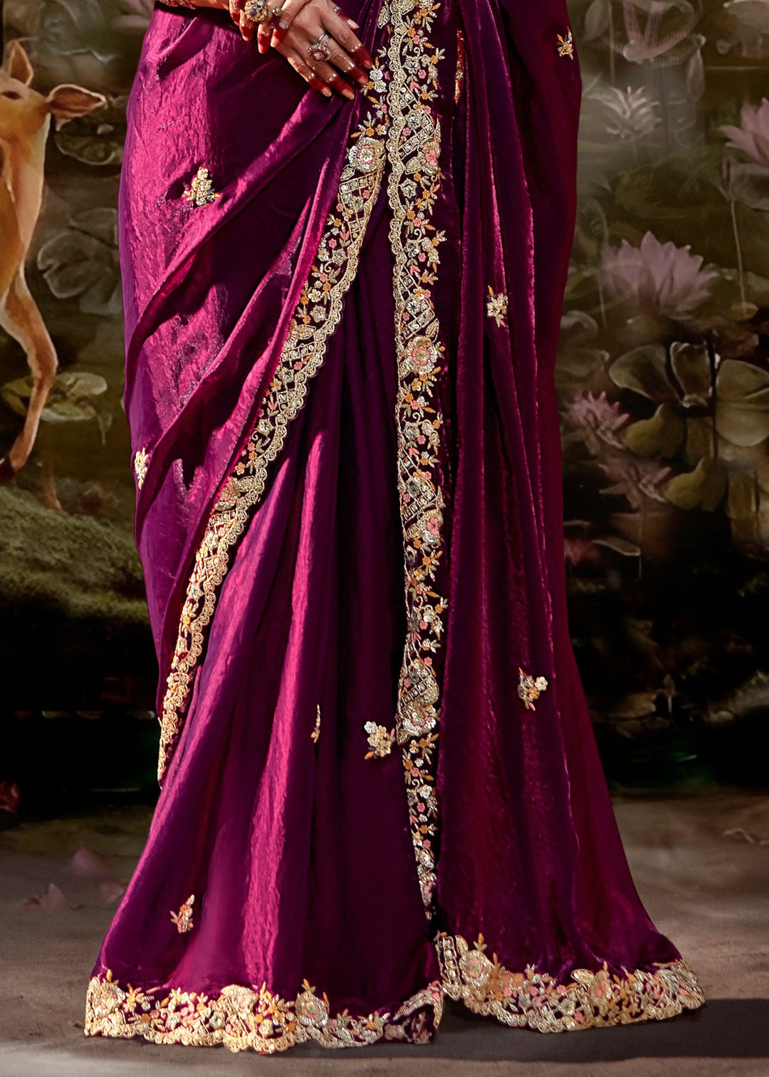 Mustard And Maroon Saree With Embroidery And Handwork Designer Cut Border