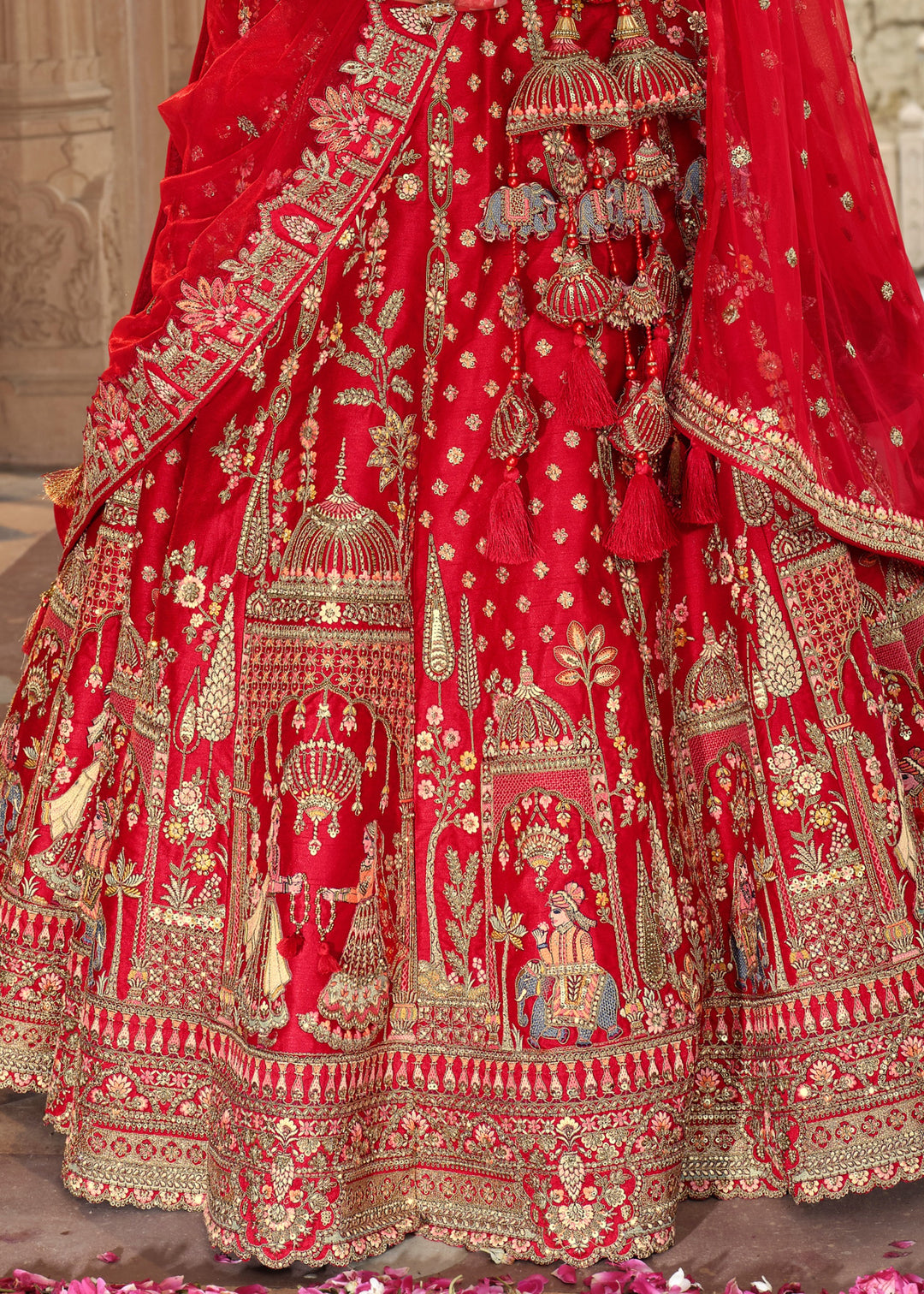 Cherry Red Heavy Bridal Silk Lehenga With Khatli And Embroidery Work