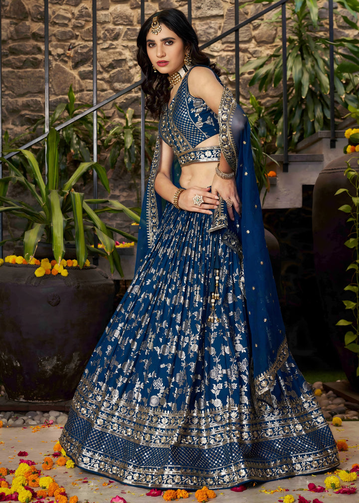 Dove Blue Sequins and Zari Embroidery Work Silk Lehenga