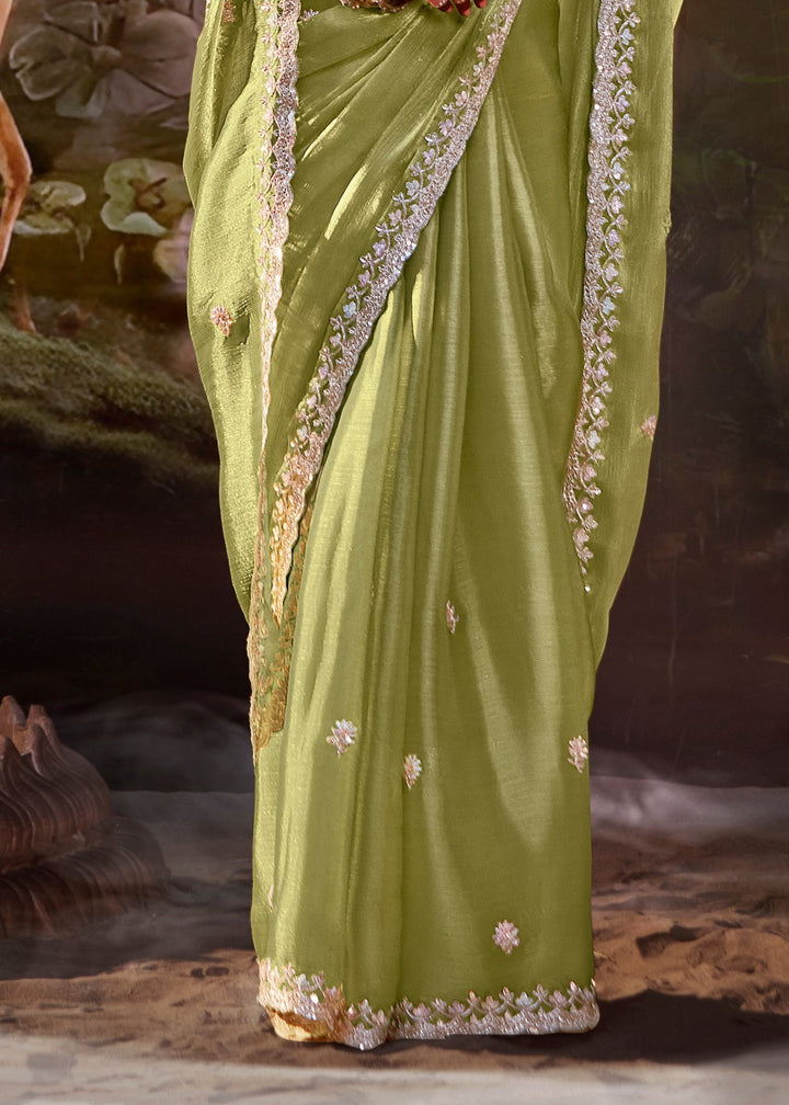 Lavender And Olive Green Saree With Embroidery And Handwork Designer Cut Border