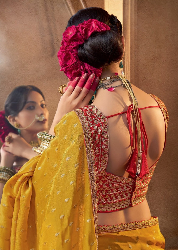 Yellow Pure Viscous Crepe based fabric with Hand dying & Butti weaving Saree