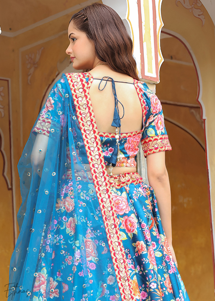 Azure Blue Silk Lehenga With Dupatta