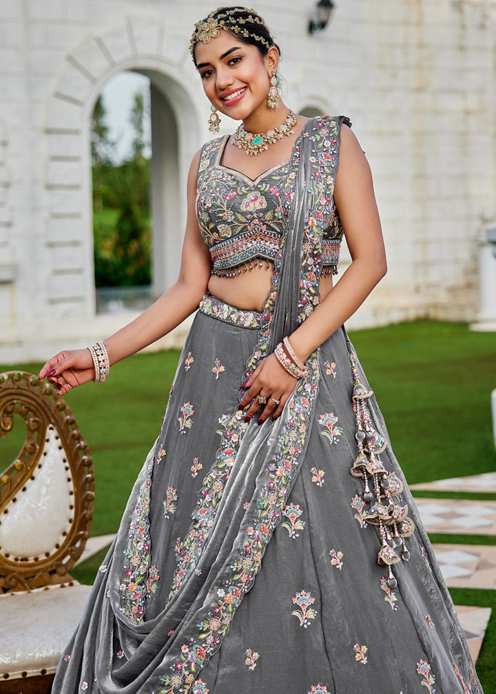 Grey Tissue Lehenga Choli with Sequinned Embroidered