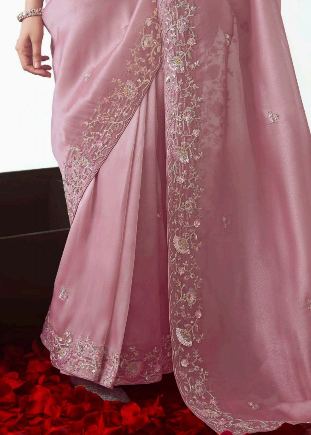 Crepe Pink Silk Saree With Embroidery