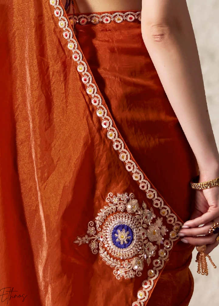 Rust Orange Embroidered Glass Tissue Designer Saree