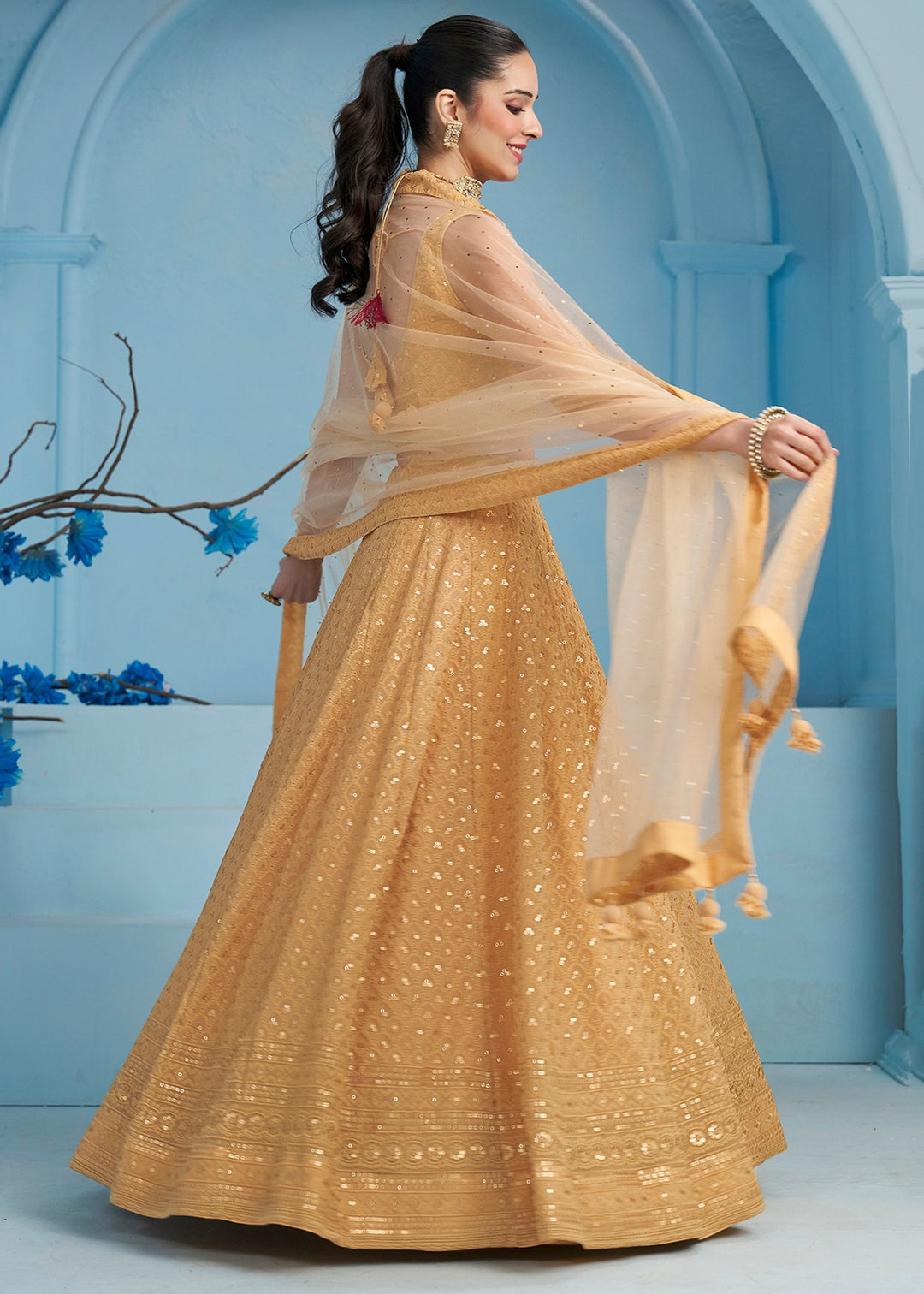 Beige Georgette Lehenga With Sequins and Thread Embroidered Work